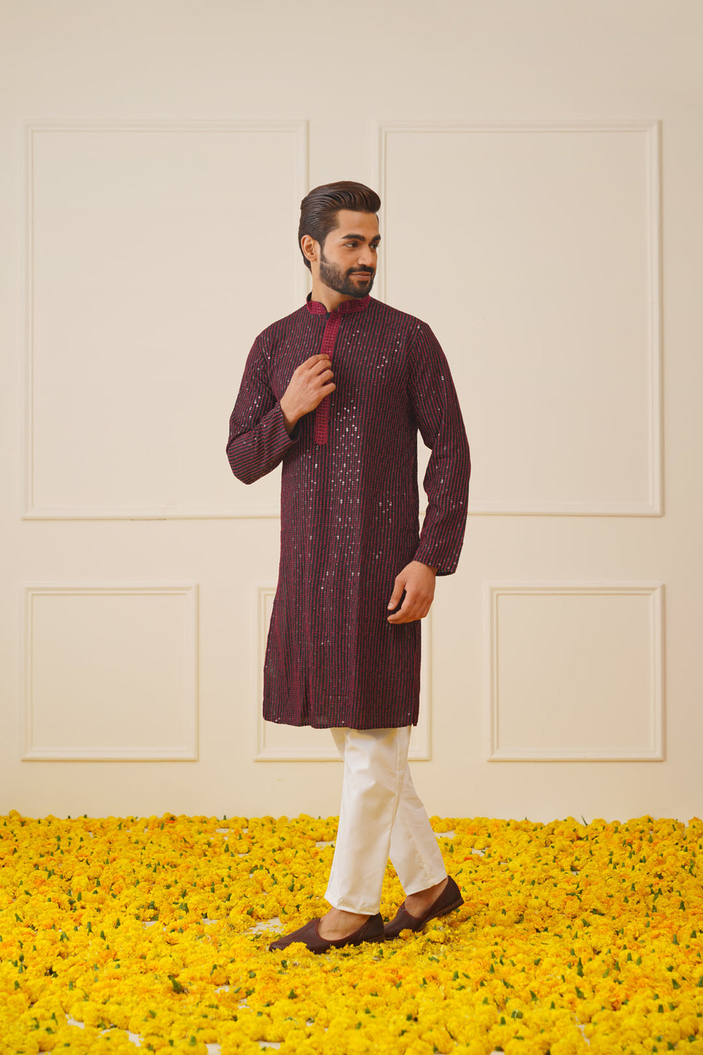Jompers Men's Sequins Chikankari Embroidered Kurta only - Maroon