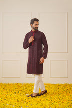 Jompers Men's Sequins Chikankari Embroidered Kurta only - Maroon