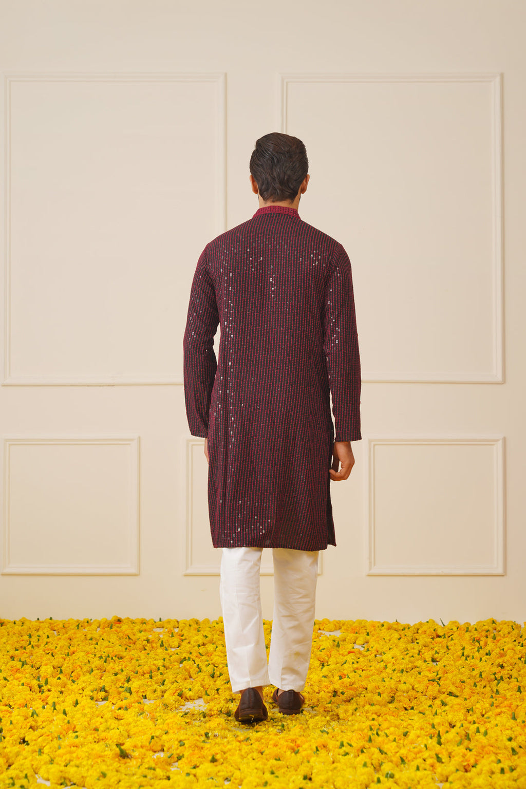 Jompers Men's Sequins Chikankari Embroidered Kurta only - Maroon