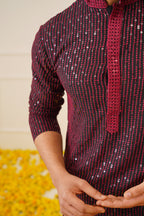 Jompers Men's Sequins Chikankari Embroidered Kurta only - Maroon