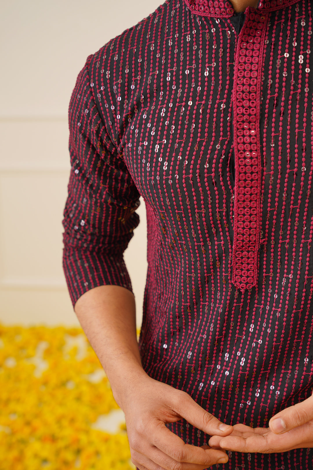 Jompers Men's Sequins Chikankari Embroidered Kurta only - Maroon