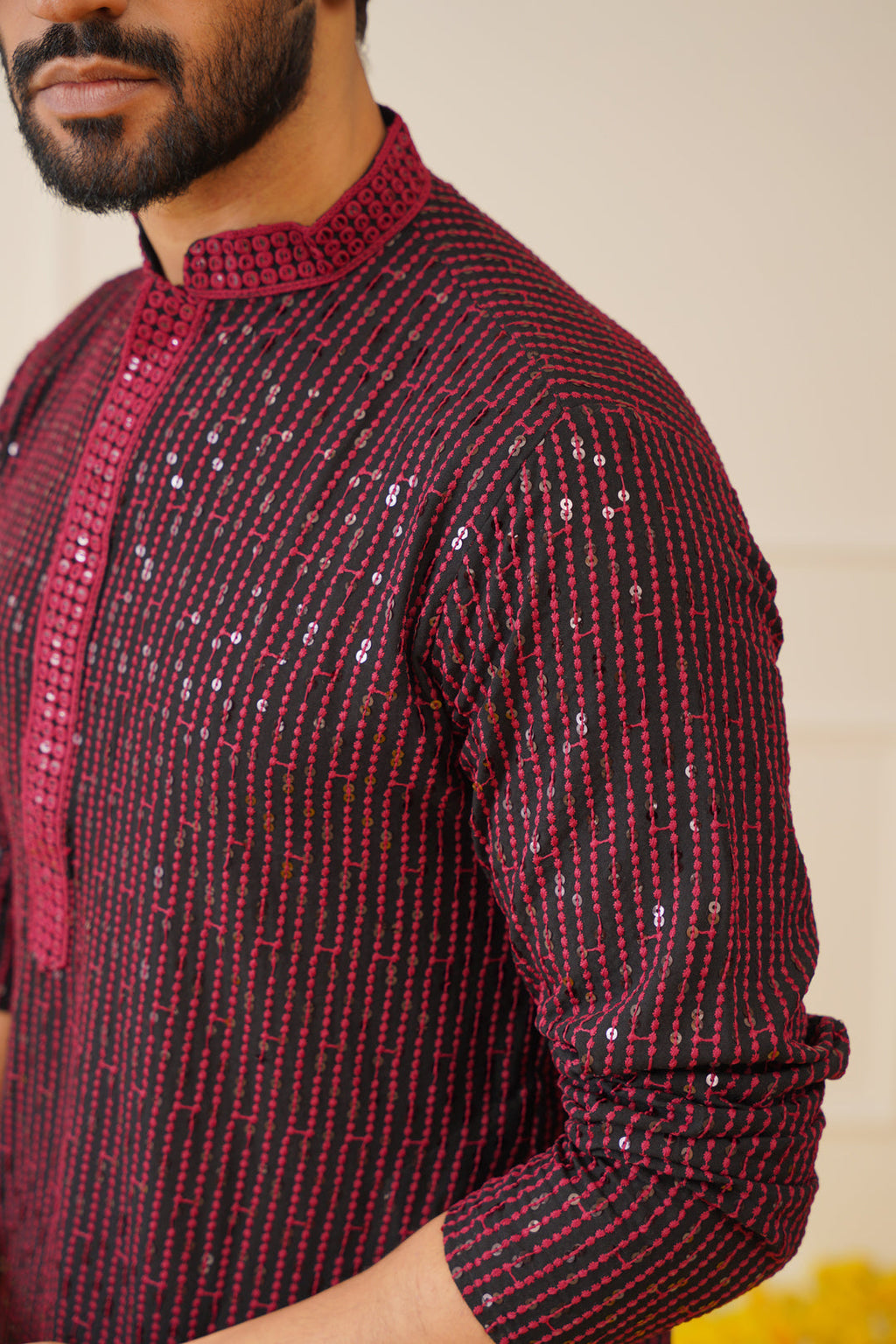 Jompers Men's Sequins Chikankari Embroidered Kurta only - Maroon