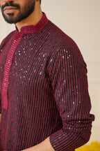 Jompers Men's Sequins Chikankari Embroidered Kurta only - Maroon