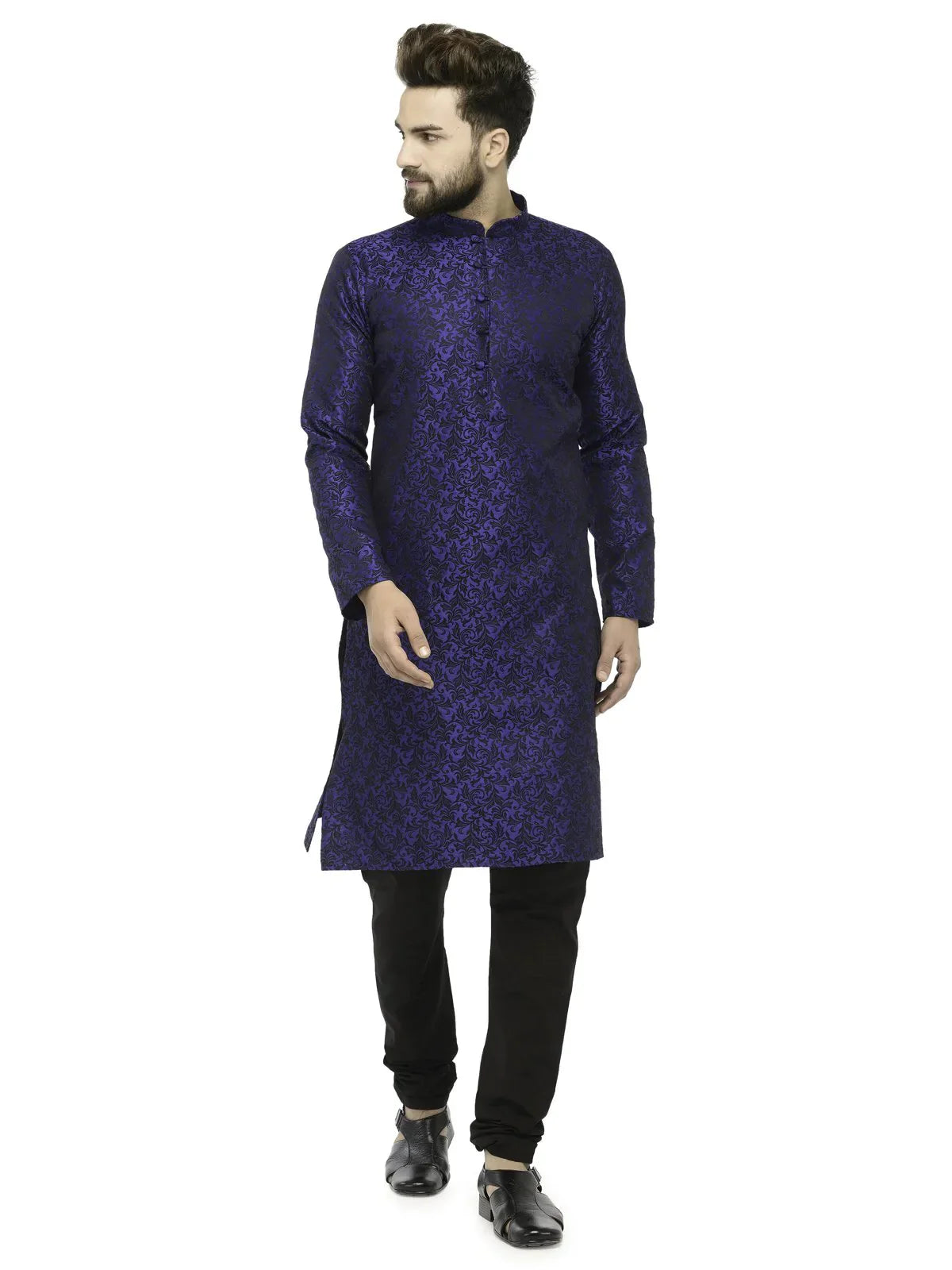 Jompers Men's Royal Blue & Black Self Design Kurta Only