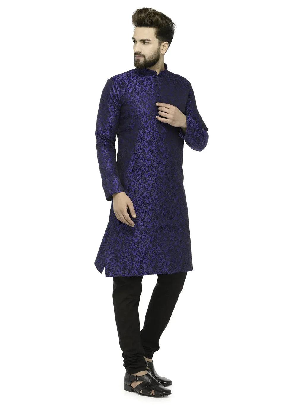Jompers Men's Royal Blue & Black Self Design Kurta Only