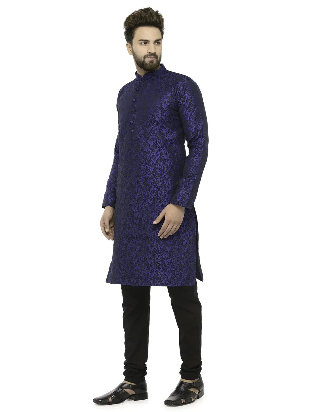 Jompers Men's Royal Blue & Black Self Design Kurta Only