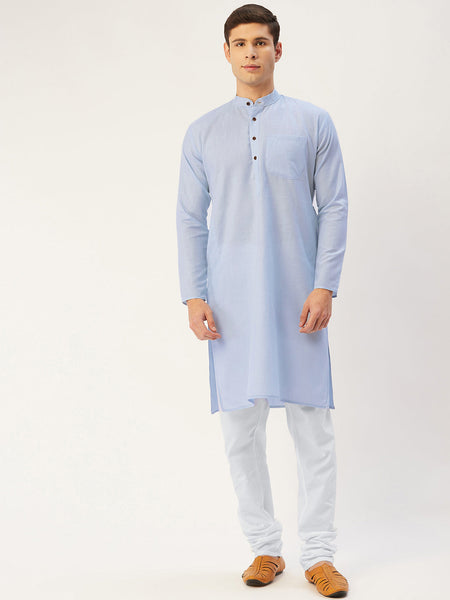 Jompers Men's Blue Cotton Solid Kurta Pyjama
