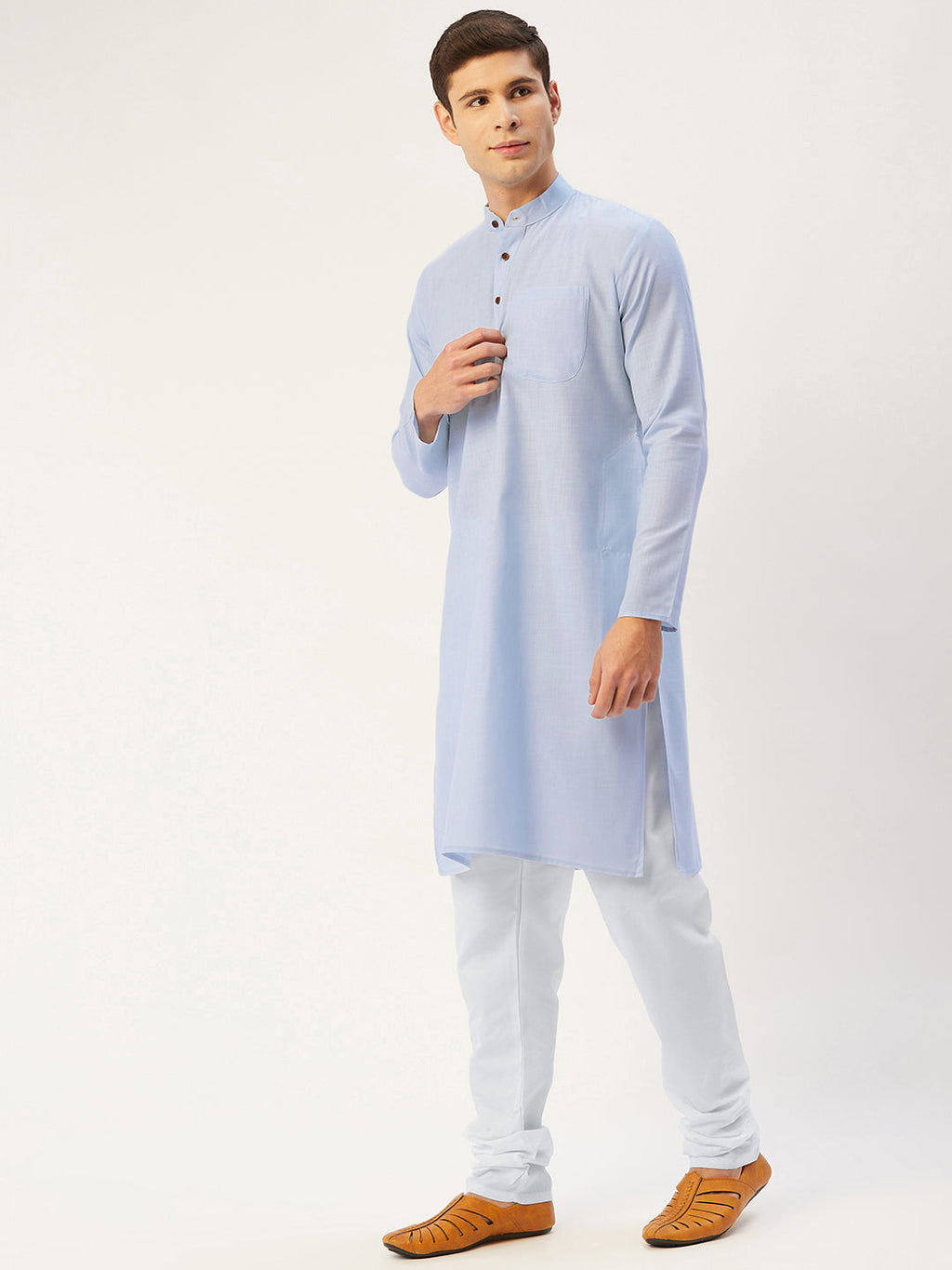 Jompers Men's Blue Cotton Solid Kurta Pyjama