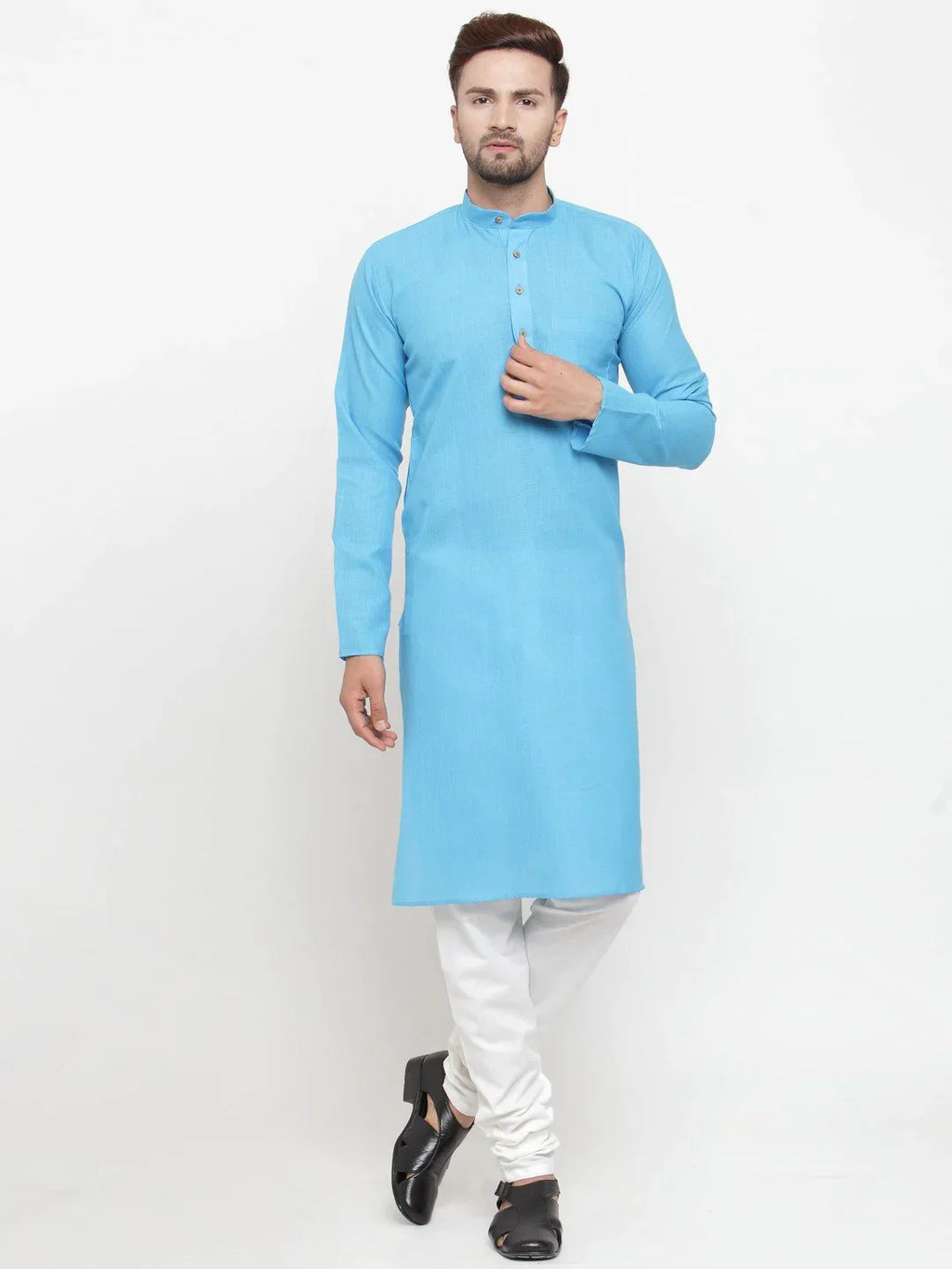 Jompers Men's Sky Blue & White Solid Kurta Only