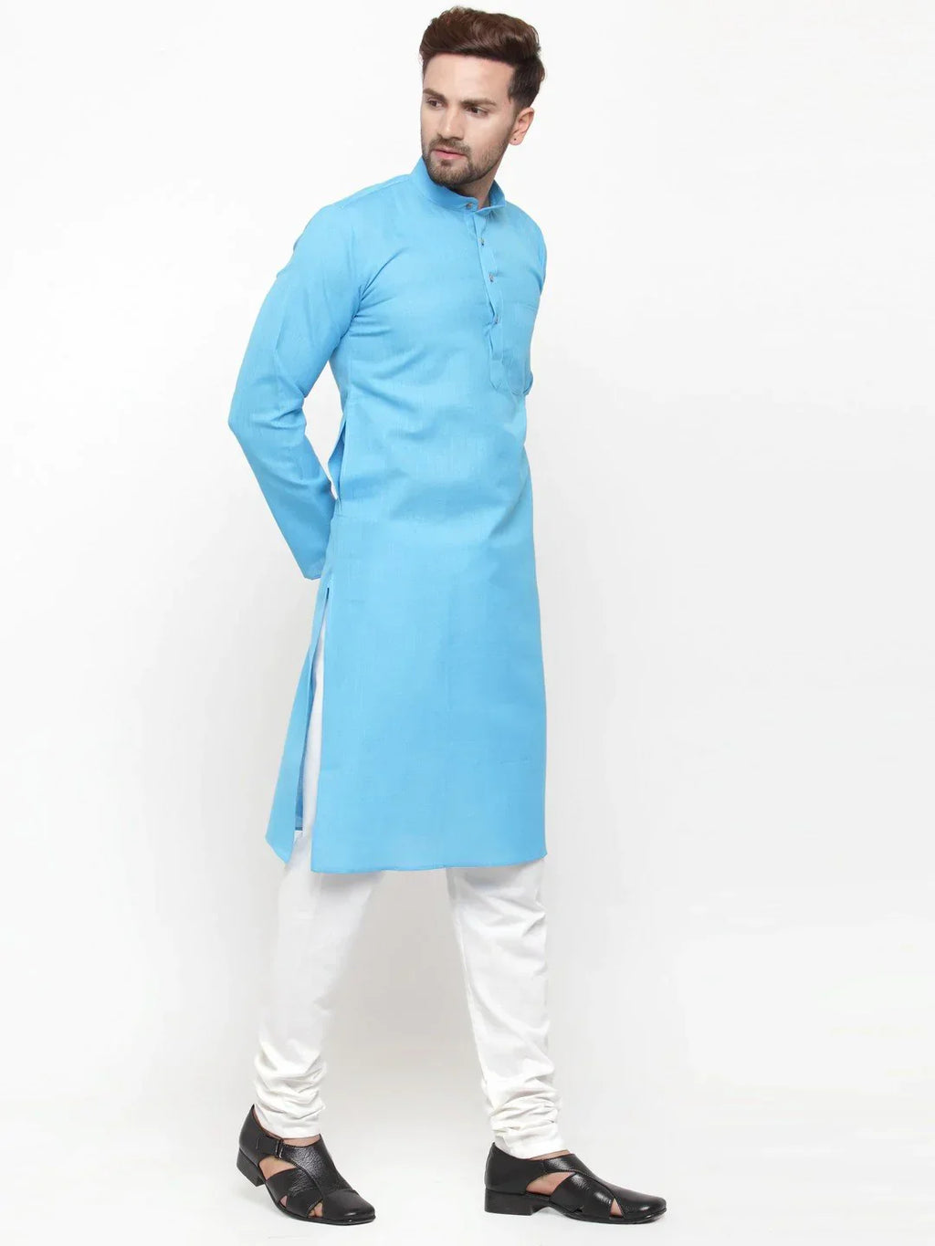 Jompers Men's Sky Blue & White Solid Kurta Only