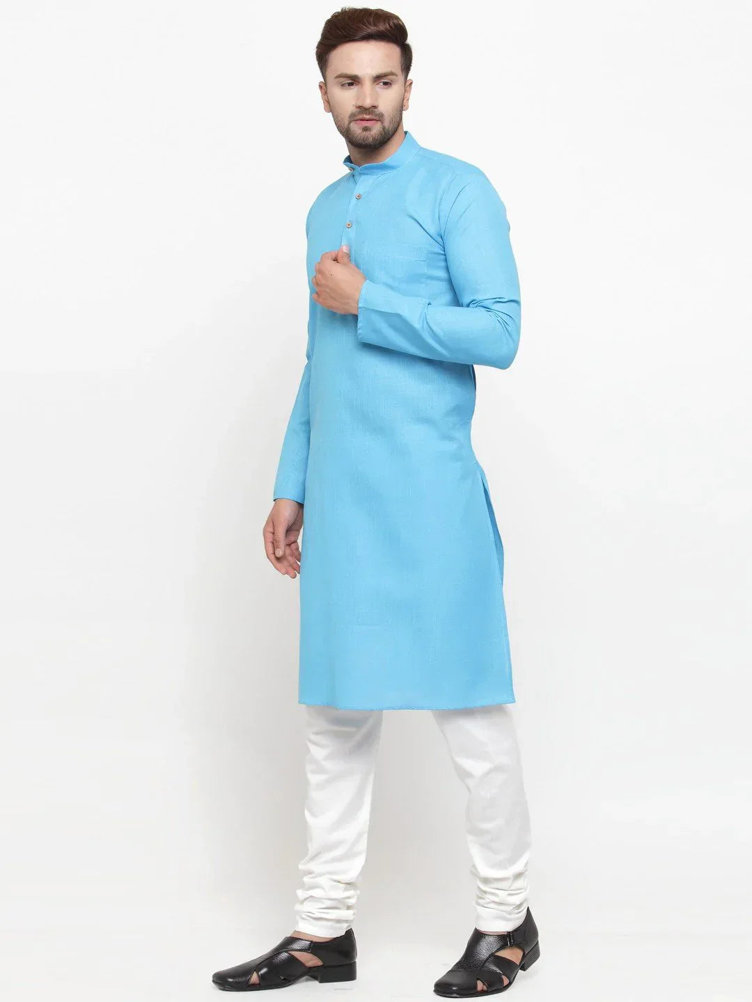 Jompers Men's Sky Blue & White Solid Kurta Only