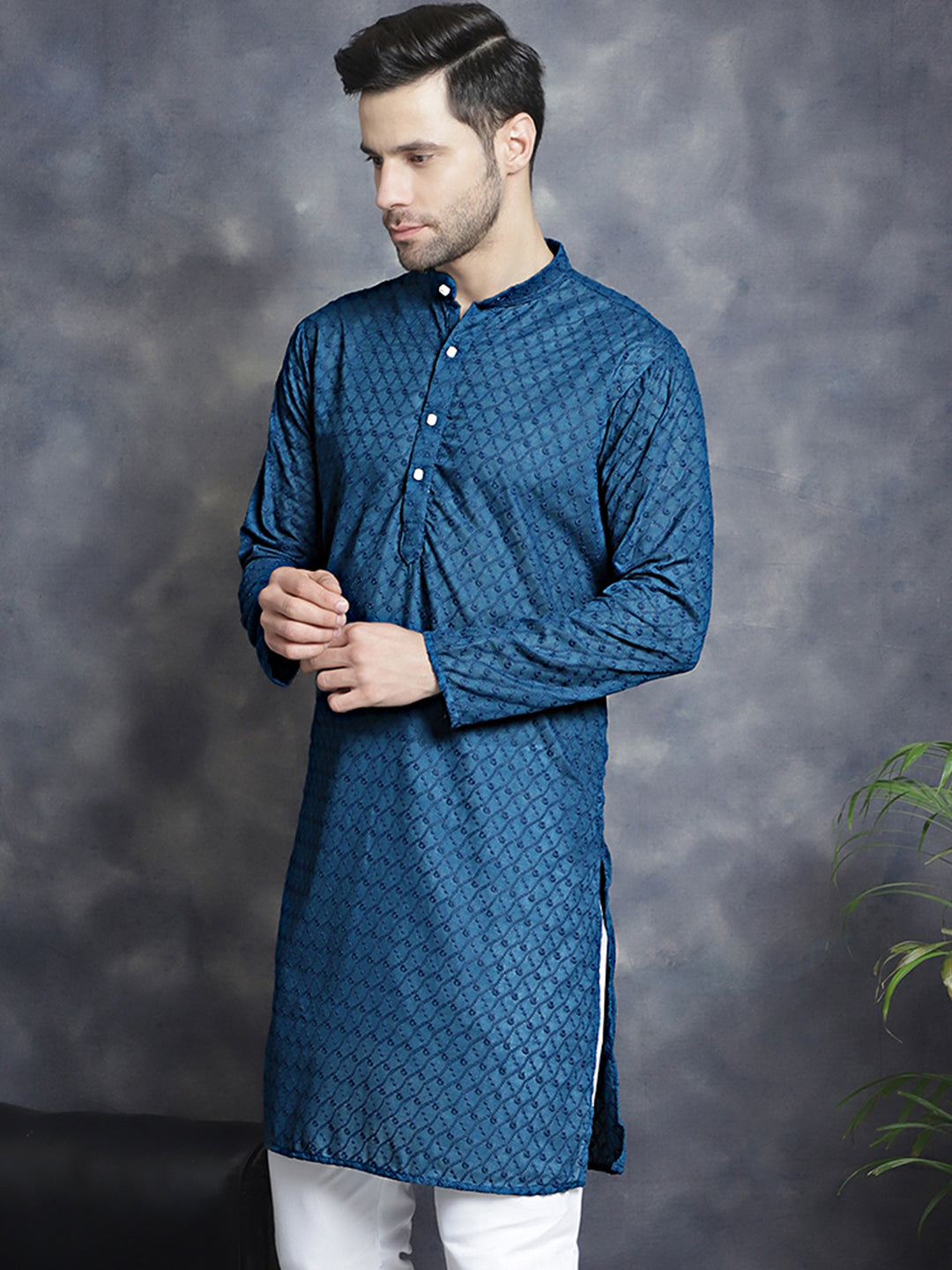 Jompers Men's Chikankari Pure Cotton Kurta - Peacock