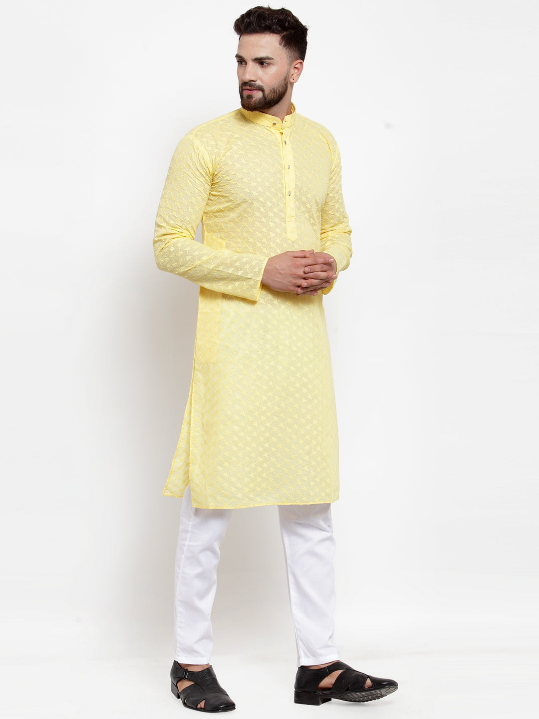 Jompers Men Yellow Chikan Kurta with Churidar - Distacart