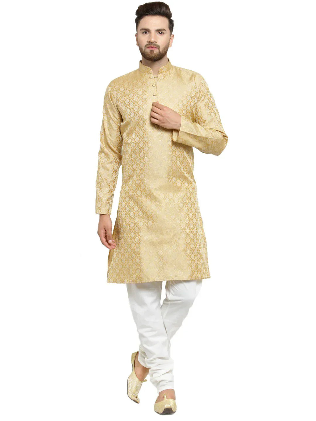 Jompers Men's Golden Self Design Kurta Only