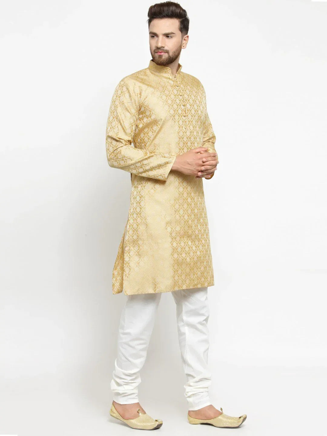 Jompers Men's Golden Self Design Kurta Only