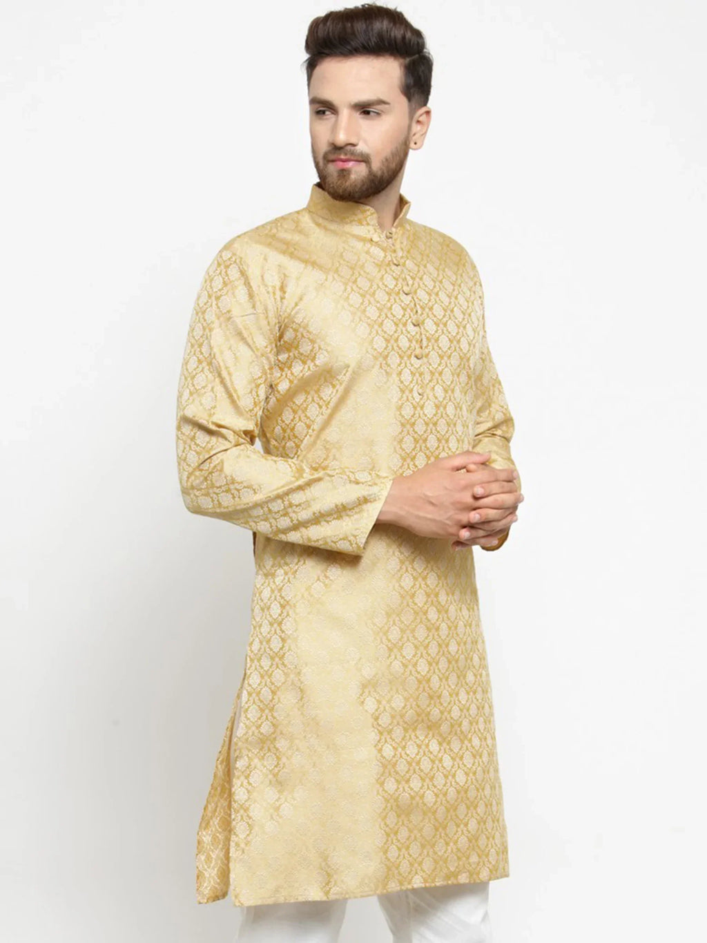 Jompers Men's Golden Self Design Kurta Only