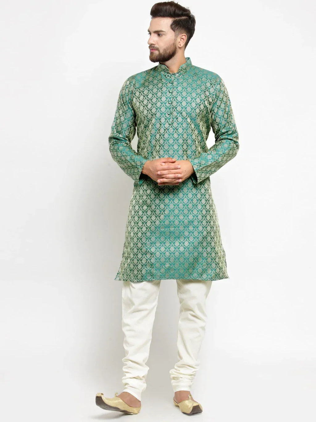 Jompers Men's Green & Beige Self Design Kurta Only