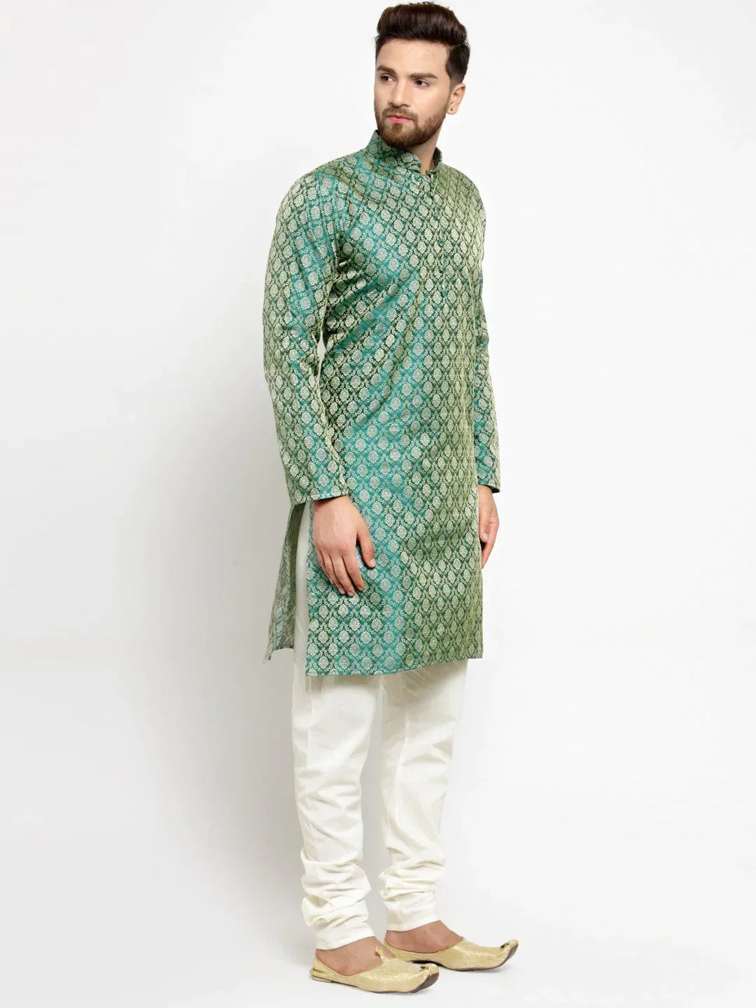 Jompers Men's Green & Beige Self Design Kurta Only