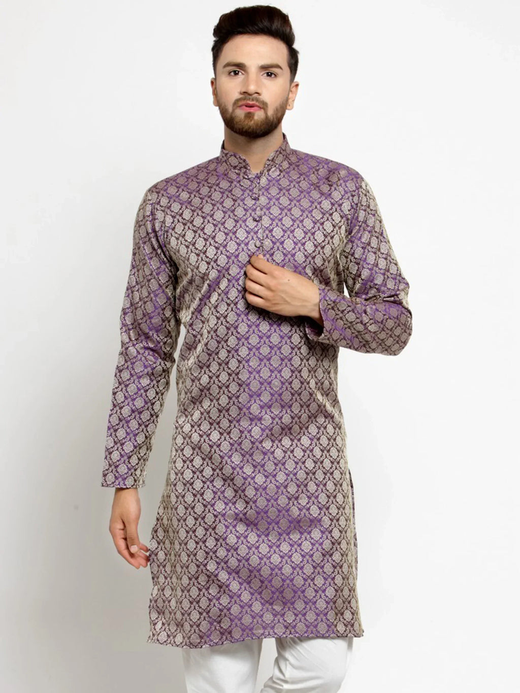 Jompers Men's Purple & Beige Self Design Kurta Only