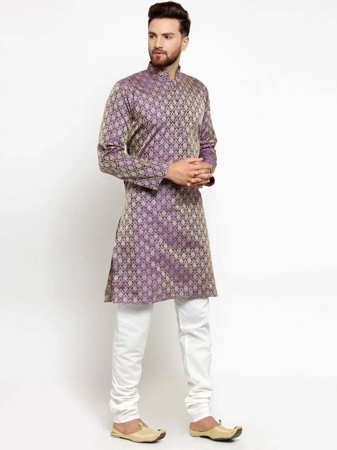 Jompers Men's Purple & Beige Self Design Kurta Only