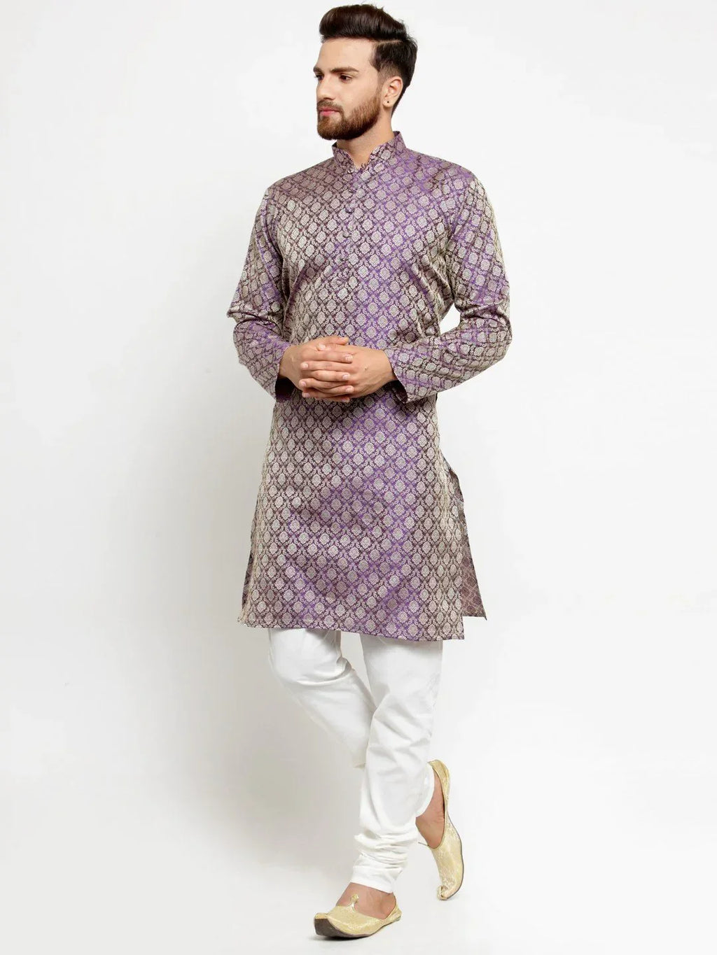 Jompers Men's Purple & Beige Self Design Kurta Only