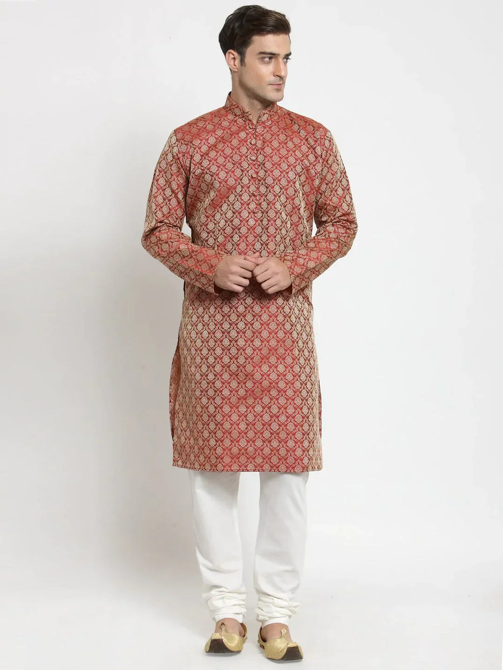 Jompers Men's Red & Beige Self Design Kurta Only