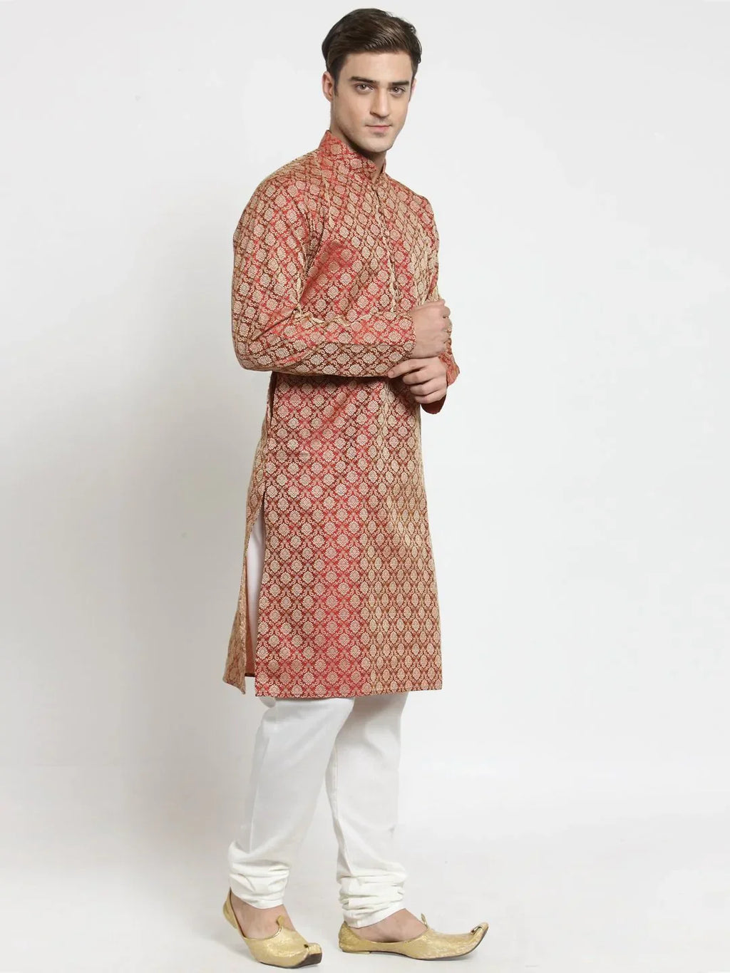 Jompers Men's Red & Beige Self Design Kurta Only