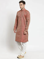 Jompers Men's Red & Beige Self Design Kurta Only
