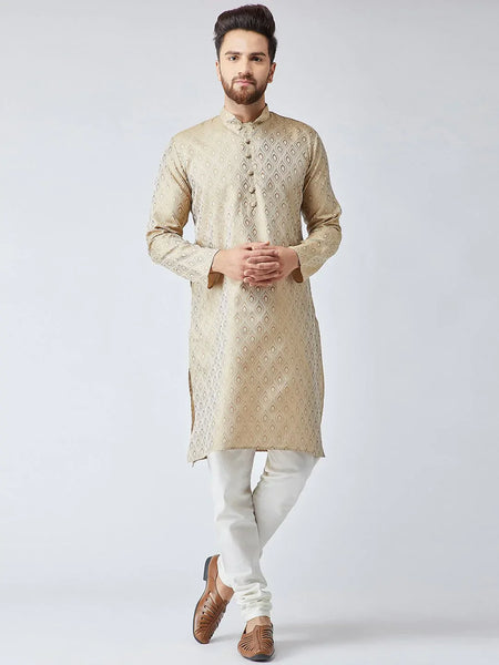 Jompers Men's Beige & Off-White Self Design Kurta Only
