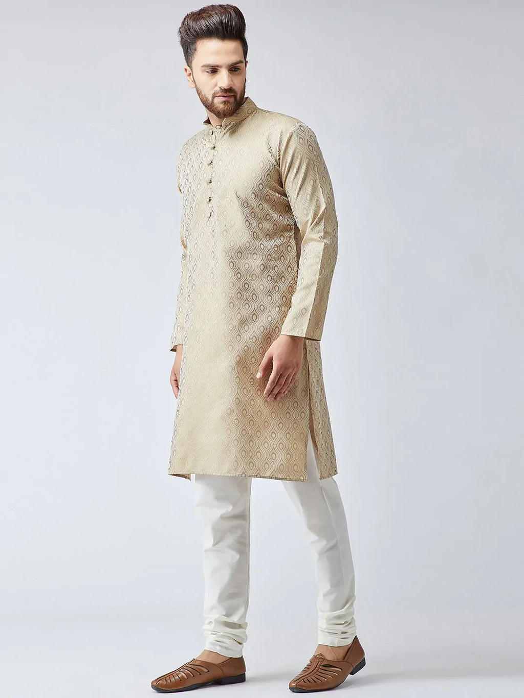 Jompers Men's Beige & Off-White Self Design Kurta Only
