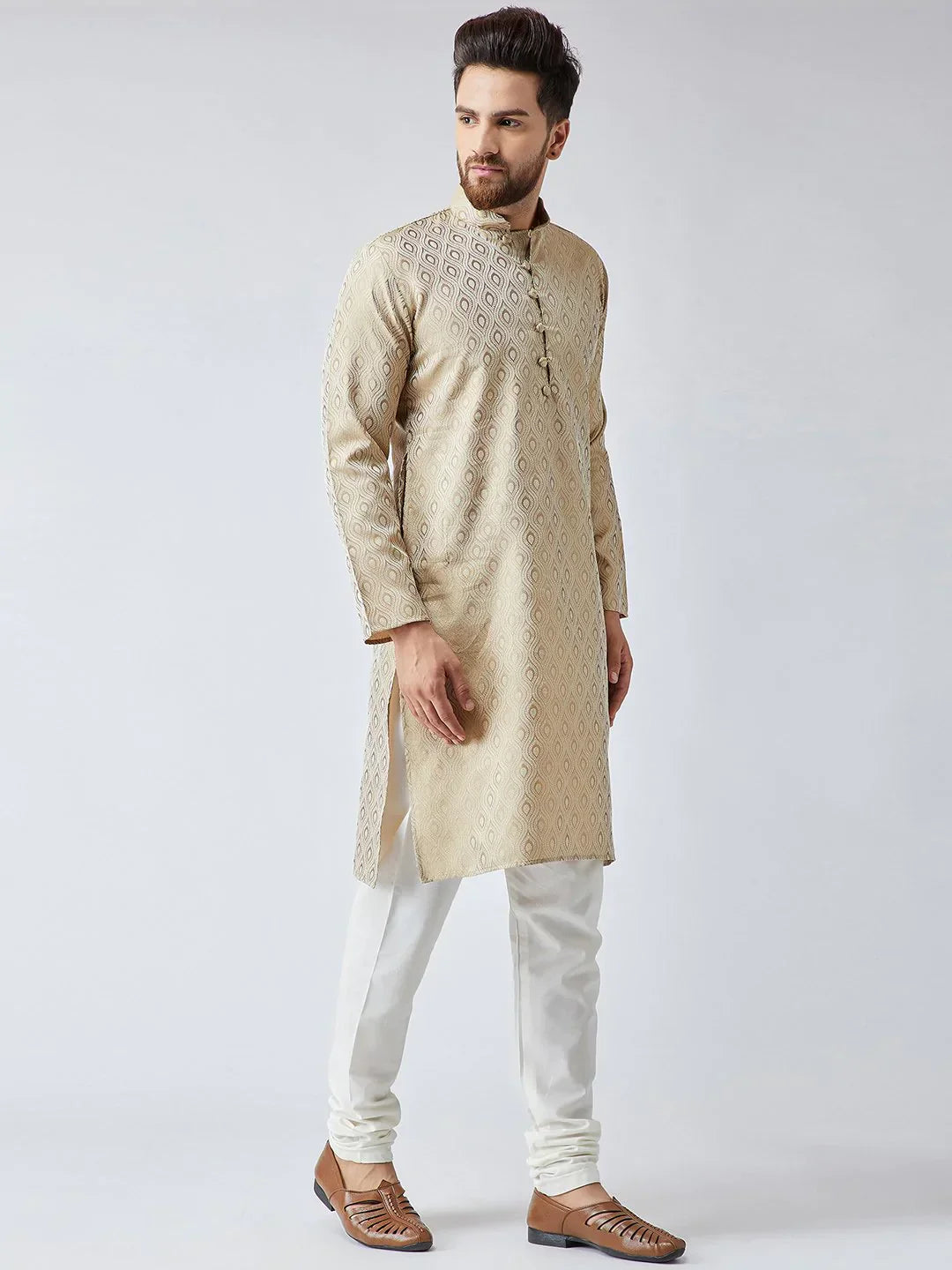Jompers Men's Beige & Off-White Self Design Kurta Only
