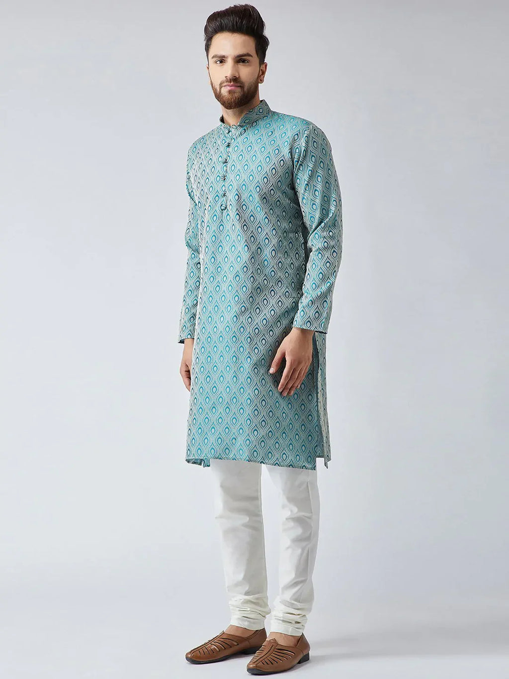 Jompers Men's Green & Off-White Self Design Kurta Only