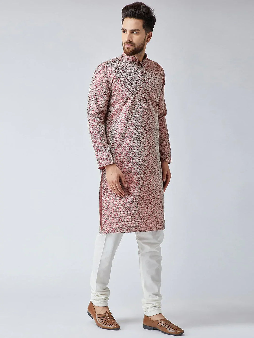 Jompers Men's Maroon & Off-White Self Design Kurta Only