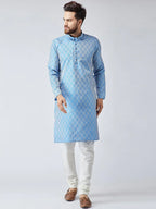 Jompers Men's Sky Blue & Off-White Self Design Kurta Only