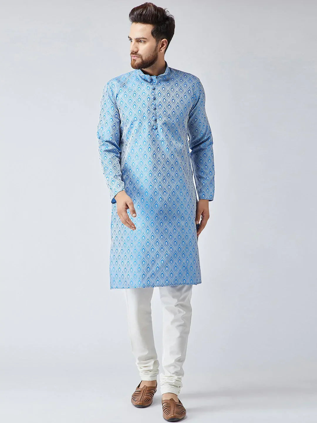 Jompers Men's Sky Blue & Off-White Self Design Kurta Only