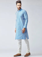 Jompers Men's Sky Blue & Off-White Self Design Kurta Only