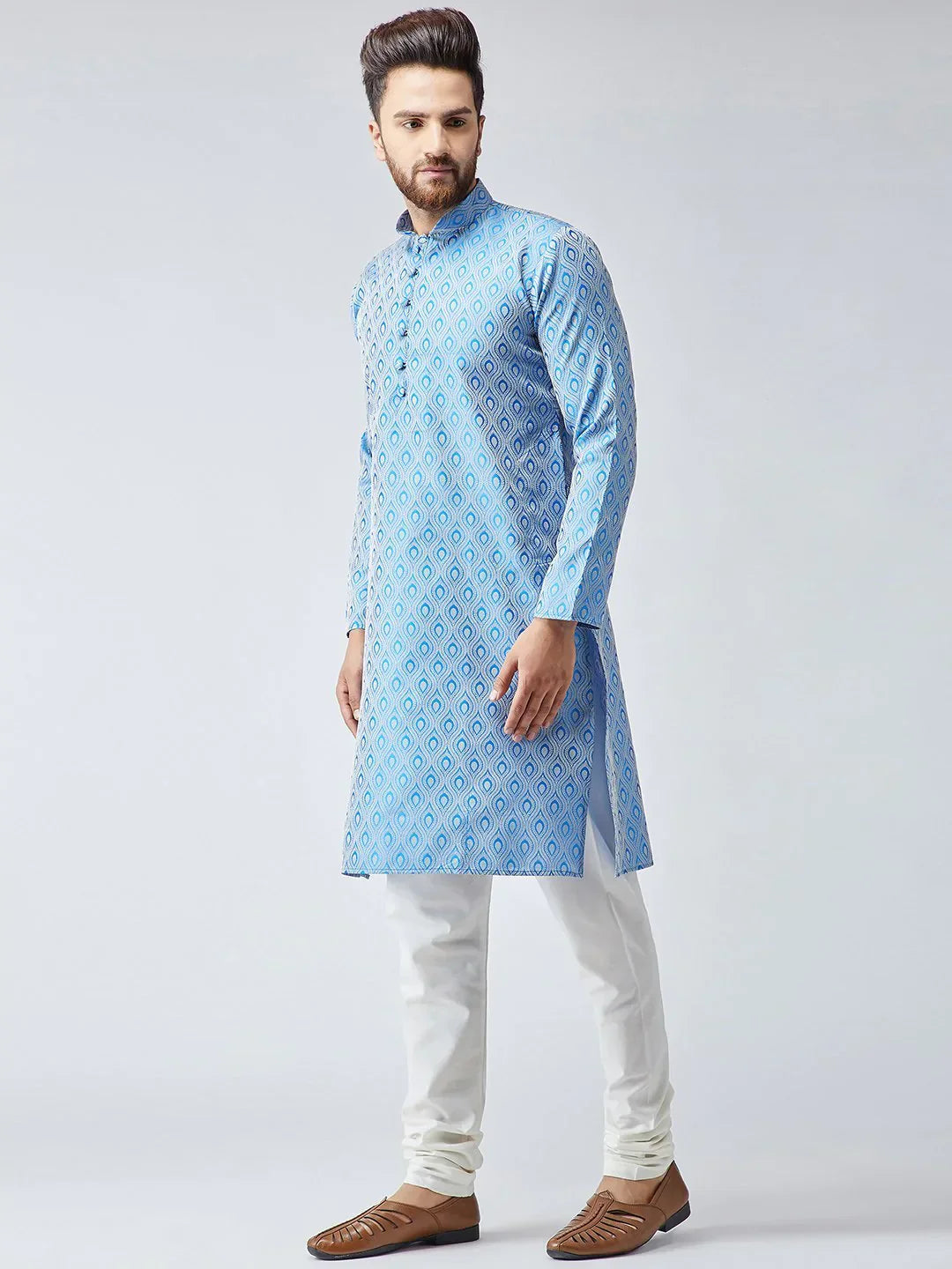 Jompers Men's Sky Blue & Off-White Self Design Kurta Only