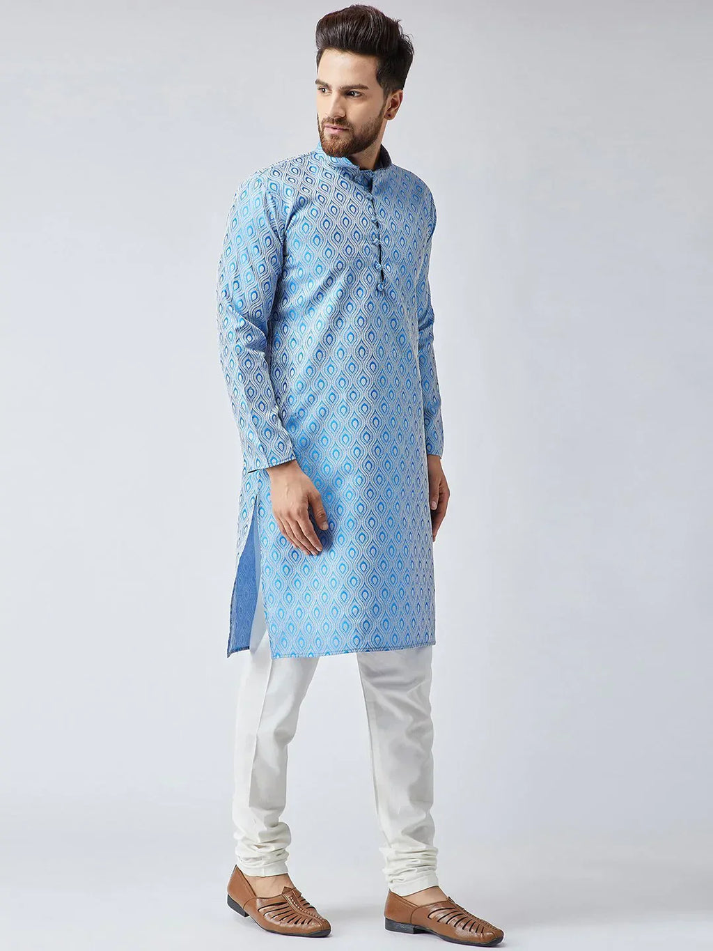 Jompers Men's Sky Blue & Off-White Self Design Kurta Only