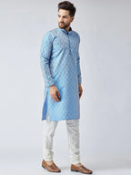 Jompers Men's Sky Blue & Off-White Self Design Kurta Only