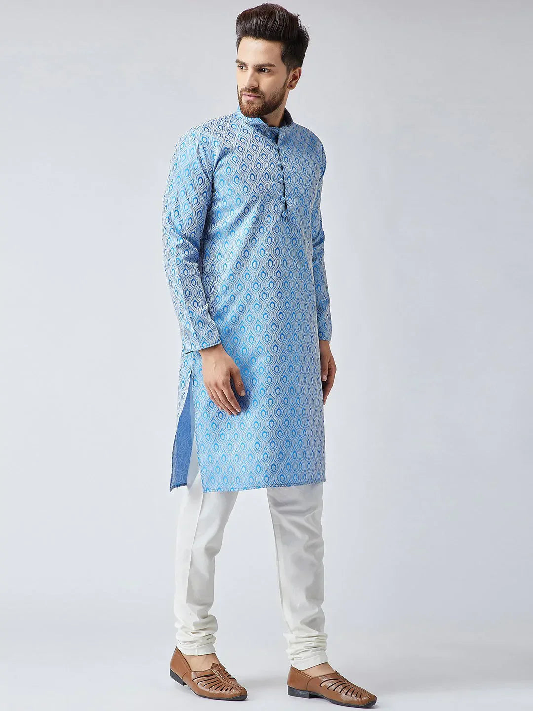 Jompers Men's Sky Blue & Off-White Self Design Kurta Only