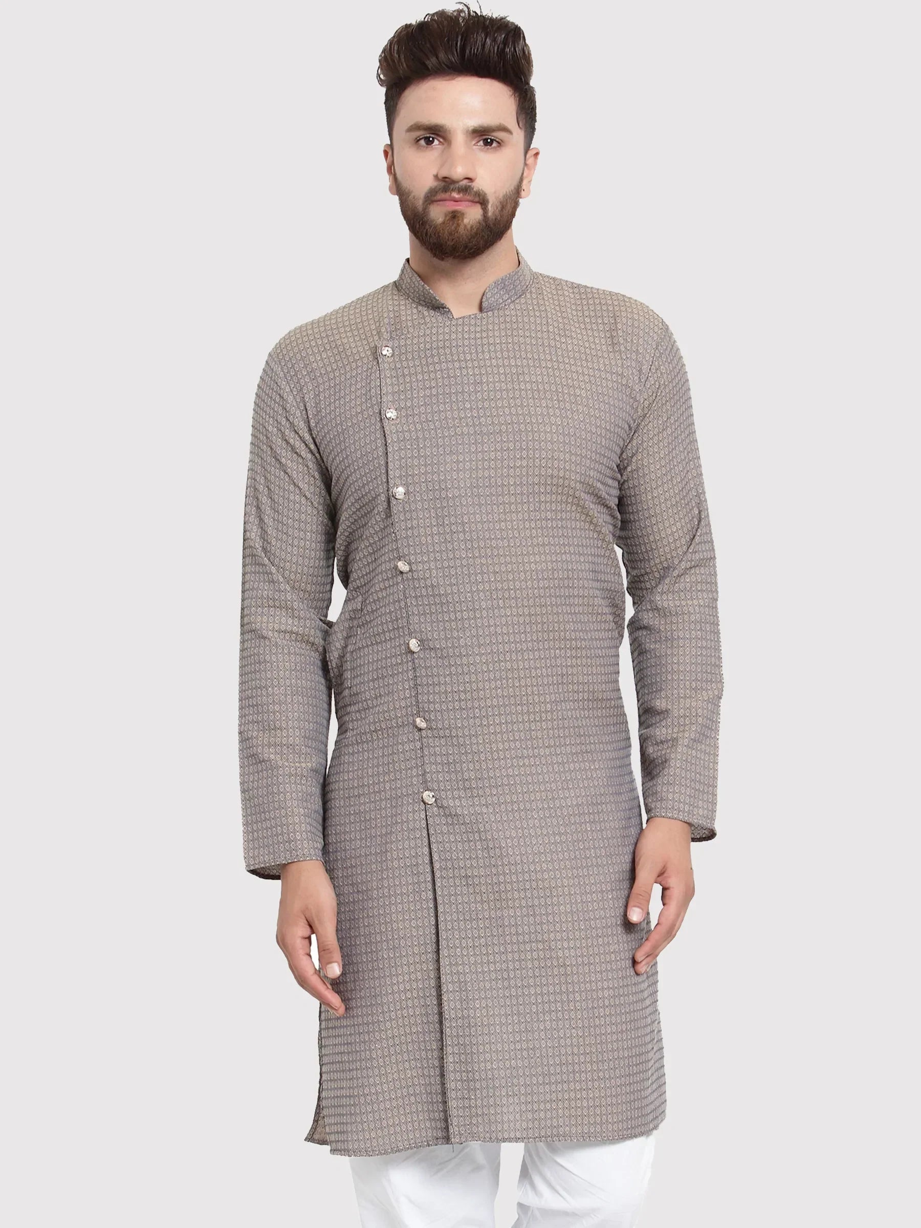Jompers Men's Grey Self Design Kurta Only