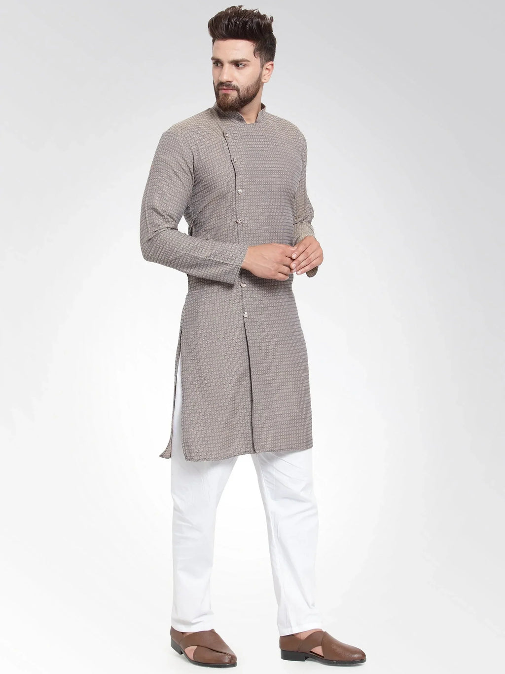 Jompers Men's Grey Self Design Kurta Only
