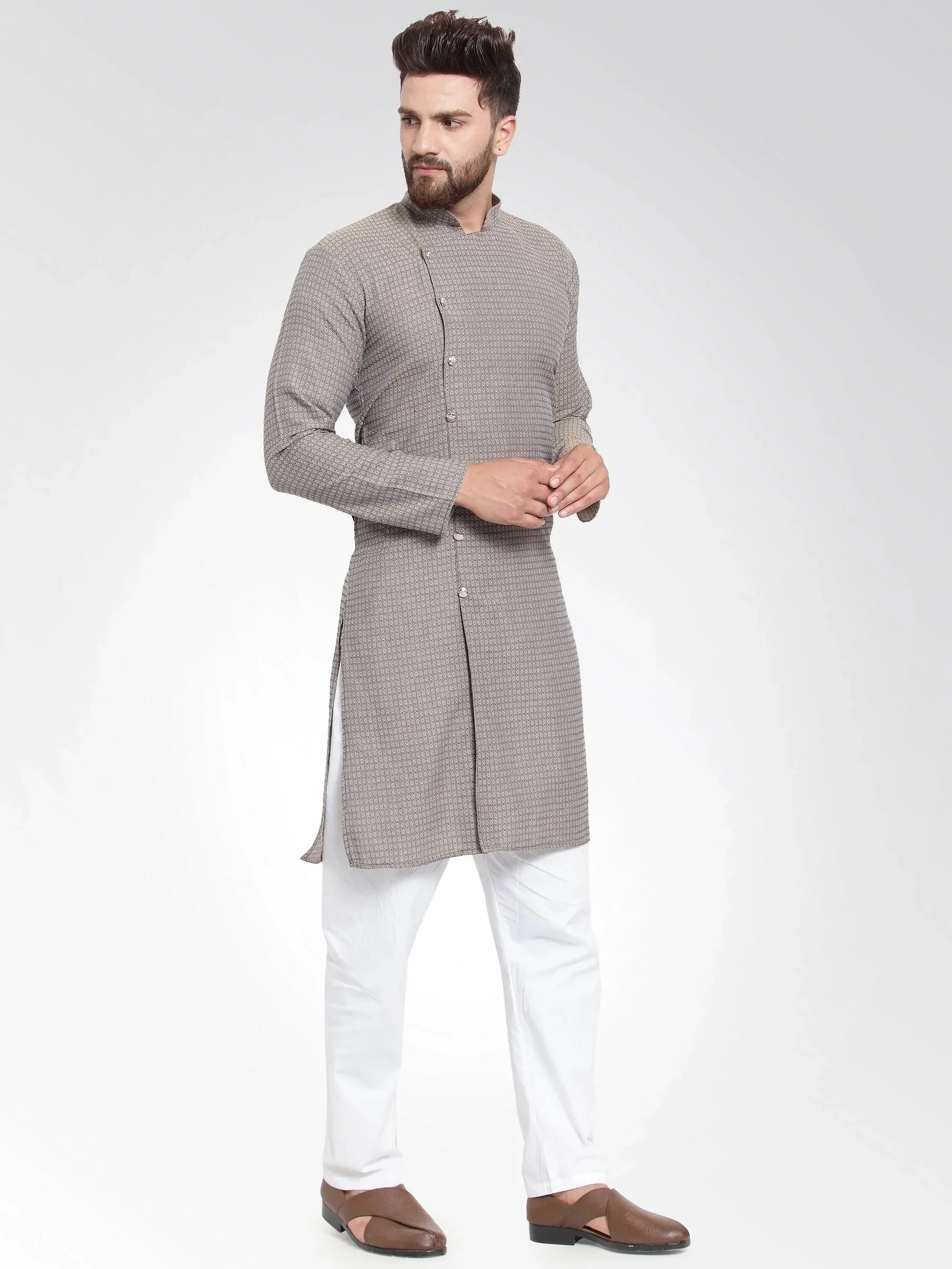 Jompers Men's Grey Self Design Kurta Only