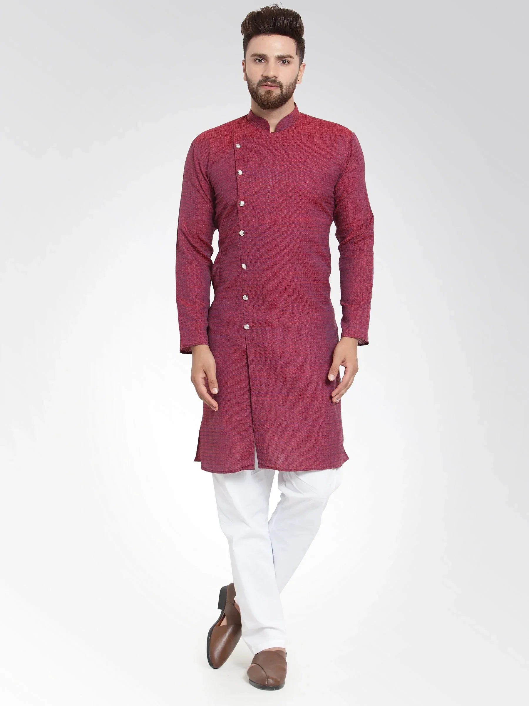 Jompers Men's Maroon Self Design Kurta Only