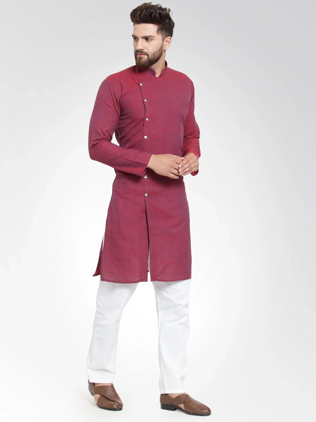 Jompers Men's Maroon Self Design Kurta Only
