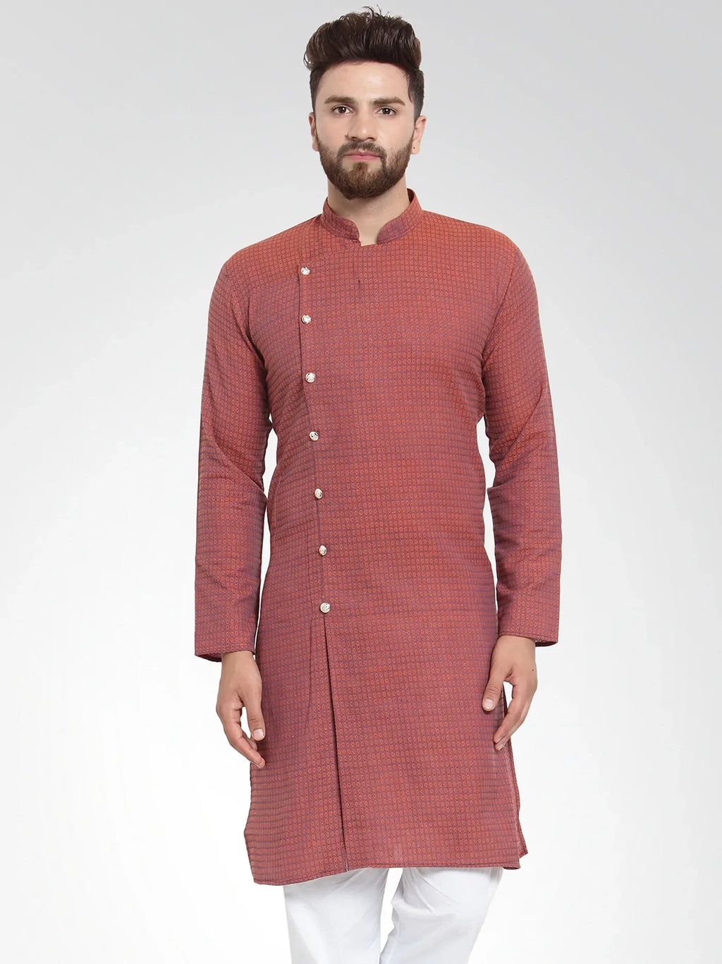Jompers Men's Red Self Design Kurta Only