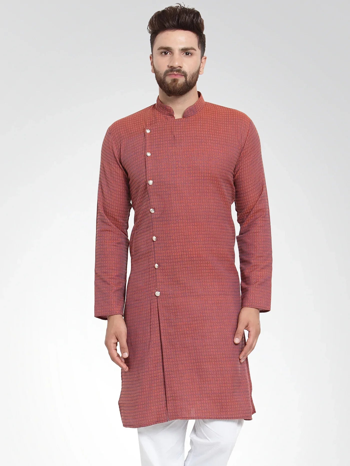 Jompers Men's Red Self Design Kurta Only
