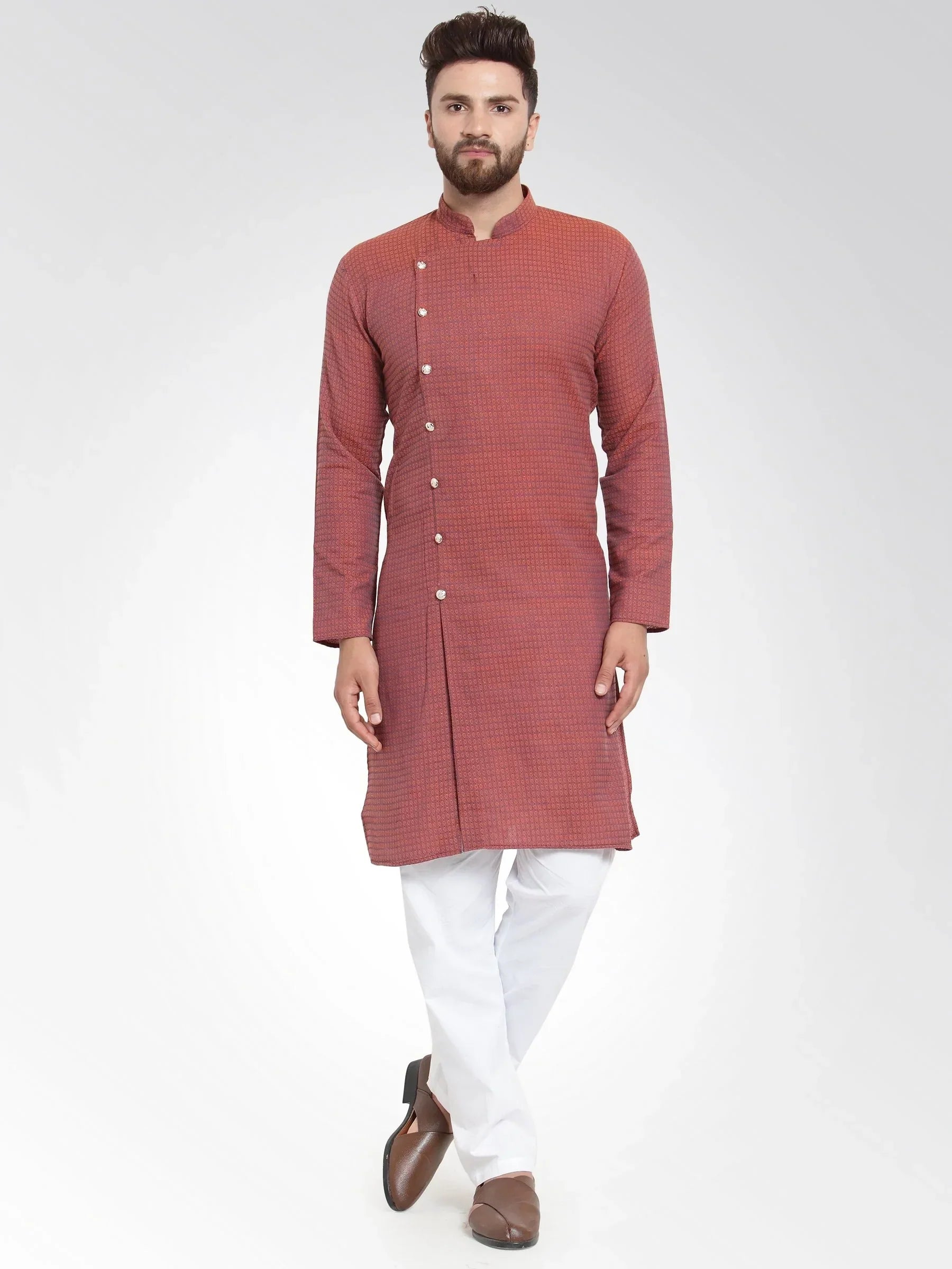 Jompers Men's Red Self Design Kurta Only