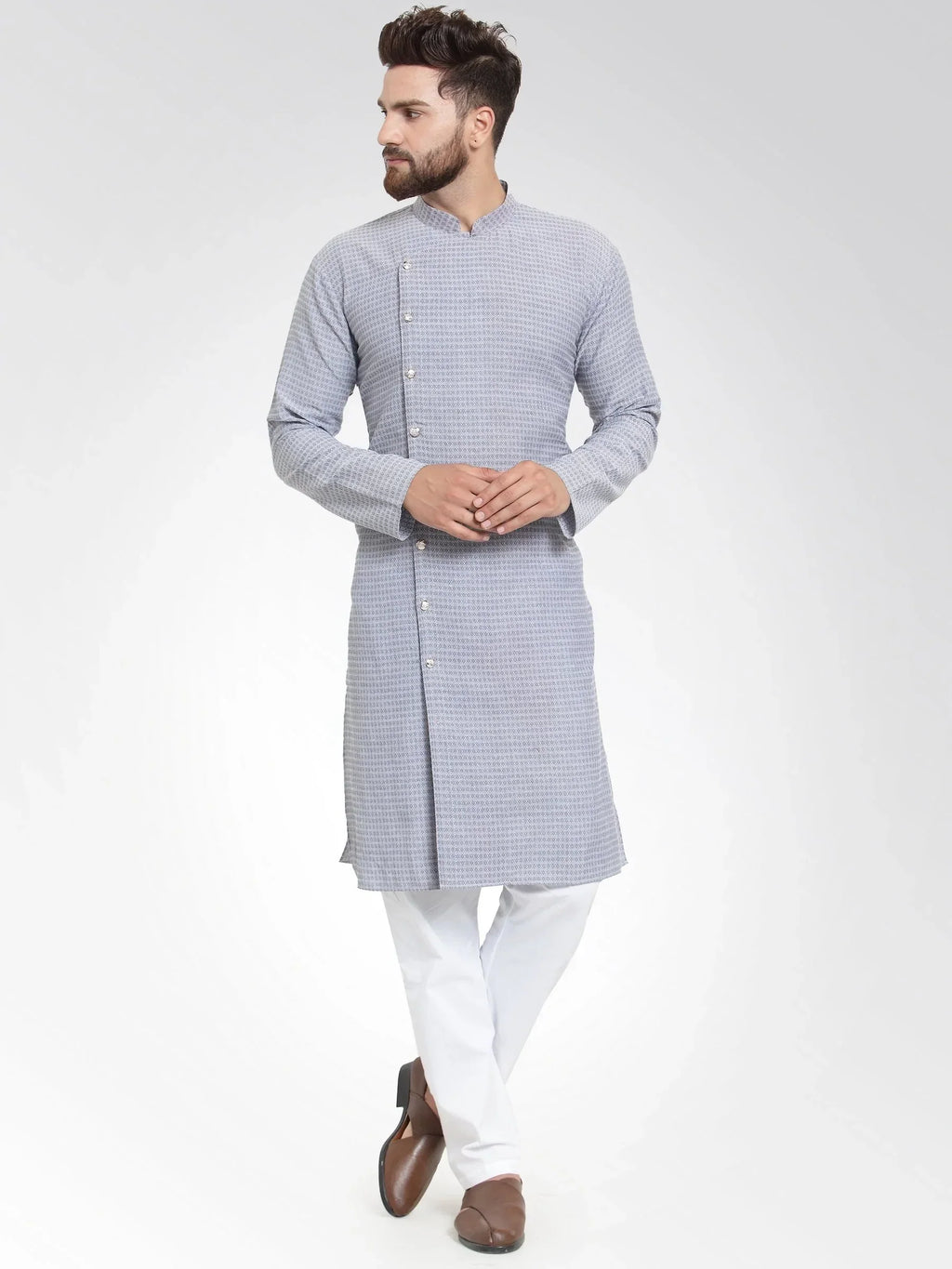 Jompers Men's Steel Blue Self Design Kurta Only