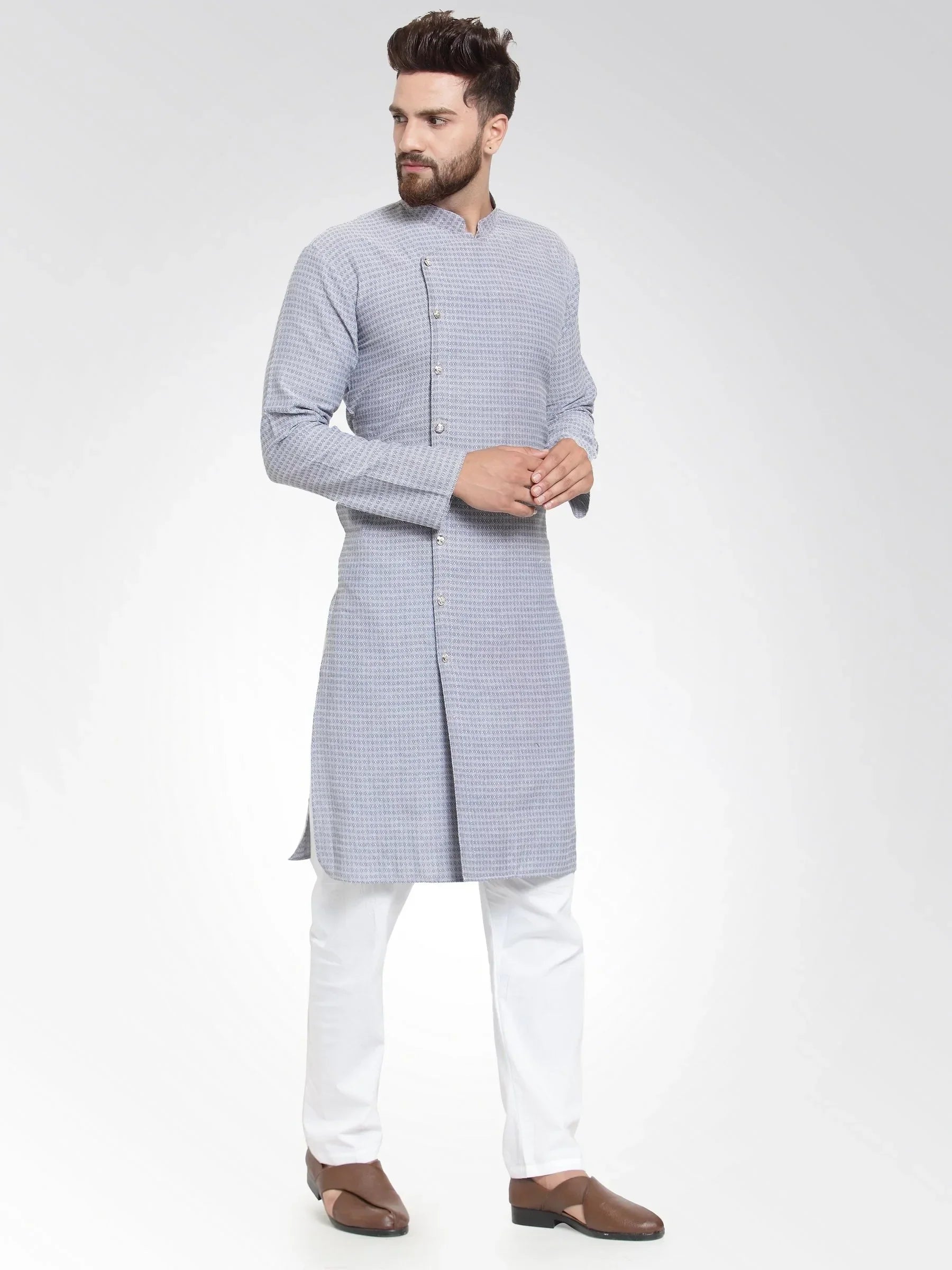Jompers Men's Steel Blue Self Design Kurta Only